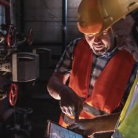Two maintenance workers are adjusting the pressure in the pipes to ensure the factory operates normally. They carefully monitor the instruments and make necessary adjustments.